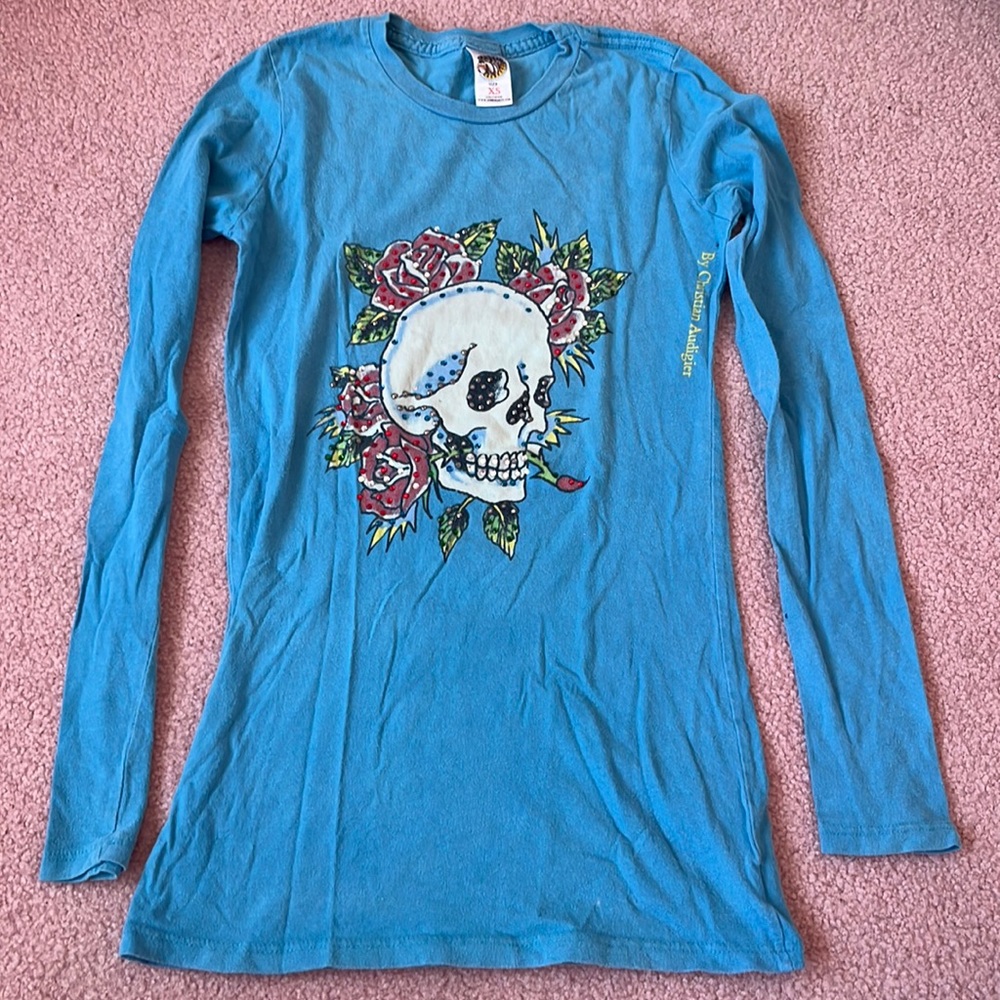 ED HARDY Long Sleeve Blue Skull T Size XS